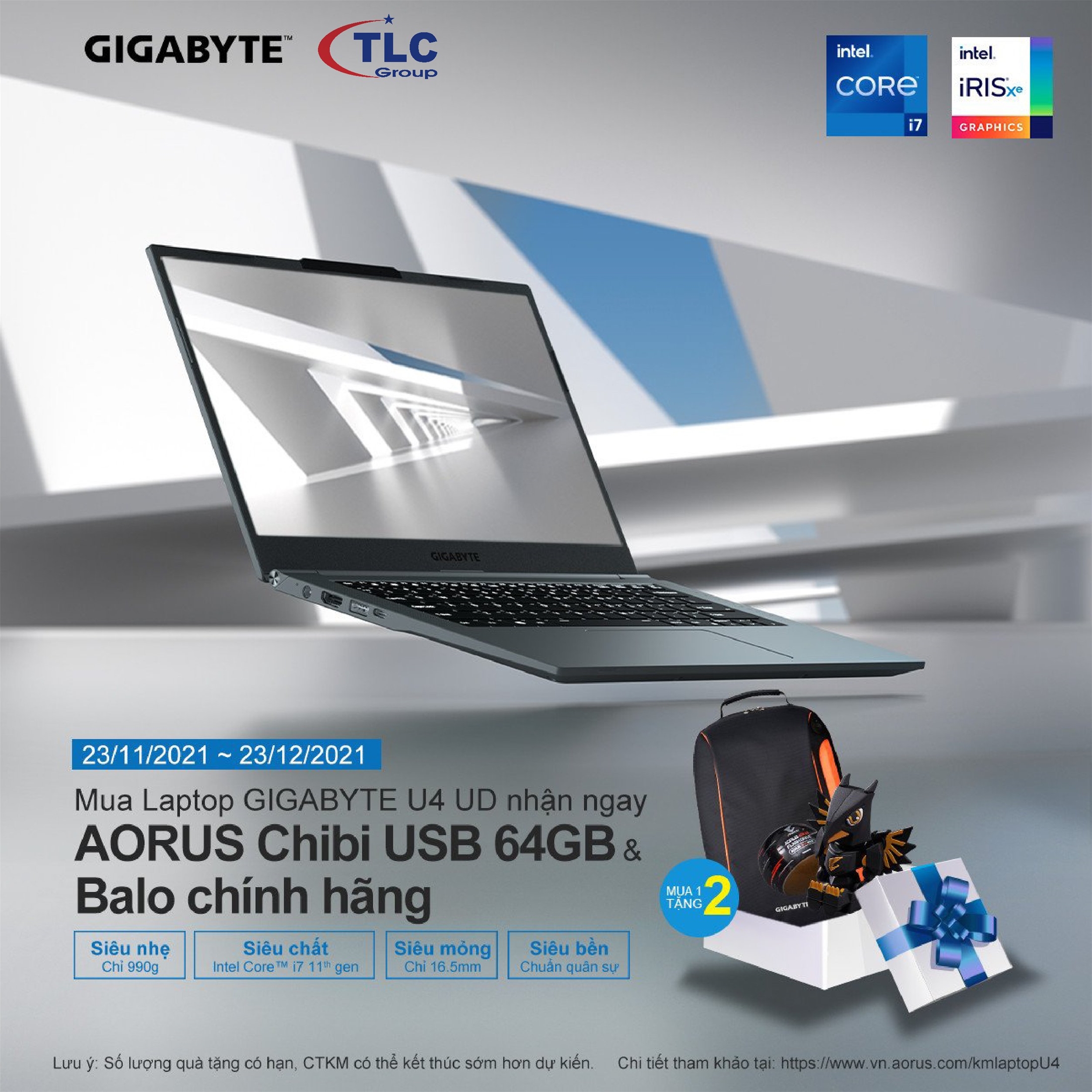 Laptop Gigabyte U4 UD-70S1823SO (i7-1195G7, Iris Xe Graphics, Ram 16GB, SSD 512GB, 14 Inch IPS FHD) 1