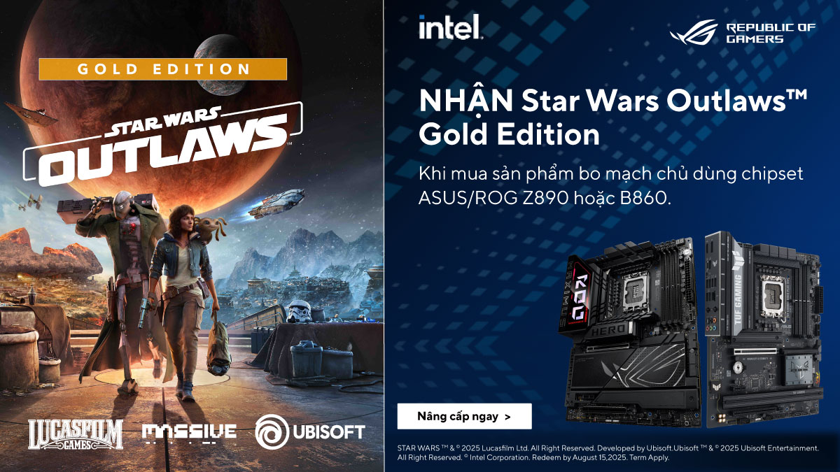NHẬN NGAY CODE GAME STAR WARS OUTLAW™ GOLD EDITION TRỊ GIÁ 1,890,000Đ KHI MUA BO MẠCH CHỦ ASUS/ ASUS ROG Z890 HOẶC B860 BẤT KÌ