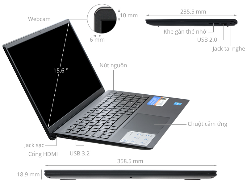Laptop Dell Inspiron 3511 (i5 - 1035G1 | 8GB RAM | 256GB SSD | 15.6 INCH FHD CẢM ỨNG | WIN11 | ĐEN) _ hàng nhập khẩu'Bảo hành tại CCN) 8