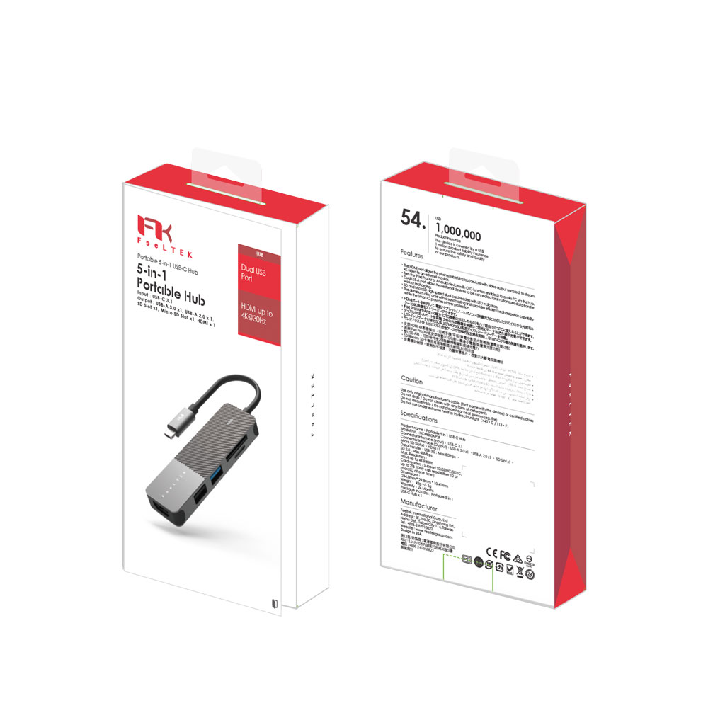 Bộ chuyển đổi 5 trong 1 Feeltek HCM005APWW2F (từ usb type c sang hdmi + usb3.0 + usb2.0 + sd + micro sd) 7