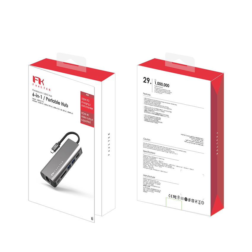 Bộ chuyển đổi 6 trong 1 Feeltek HCM006APWW2F (từ usb type c sang hdmi + rj45 + usb3.0 + sd + pd) 10