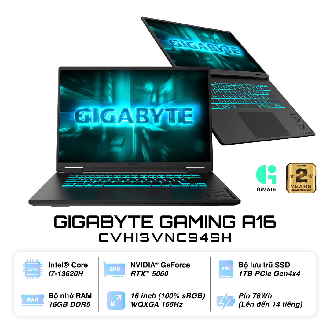 Laptop Gigabyte GAMING A16 CVHI3VNC94SH (Intel Core i7-13620H | RTX 5060 8GB GDDR7 | 16 inch WQXGA | 16GB | 1TB | Windows 11 Home SL | Đen) 1