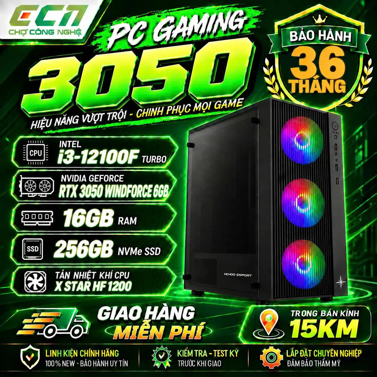 Bộ PC Gaming Intel Core i3-12100F, RAM 16GB, RTX 3050 6G GDDR6