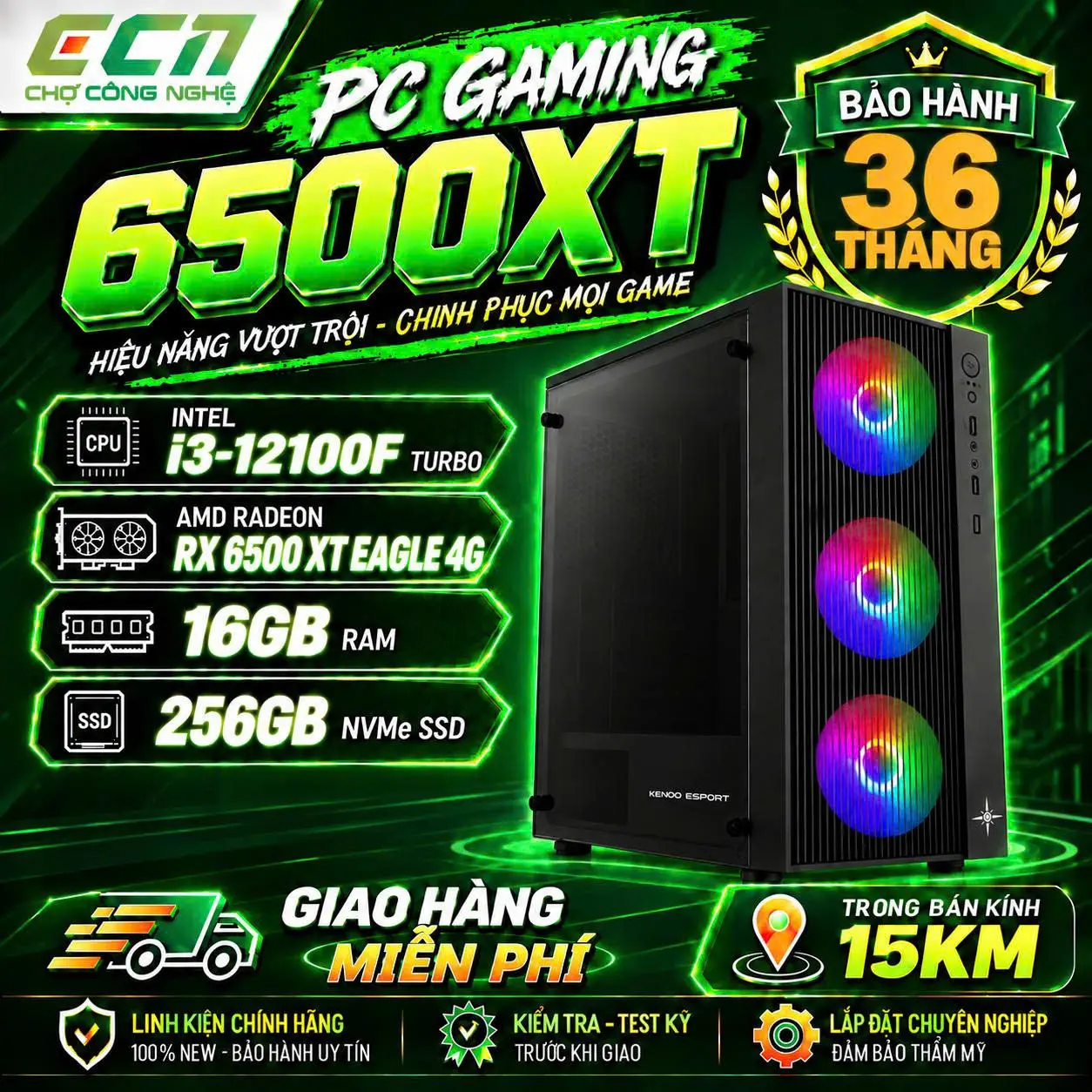 Bộ PC Gaming Intel Core i3-12100F, RAM 16GB, RX 6500XT 4G GDDR6