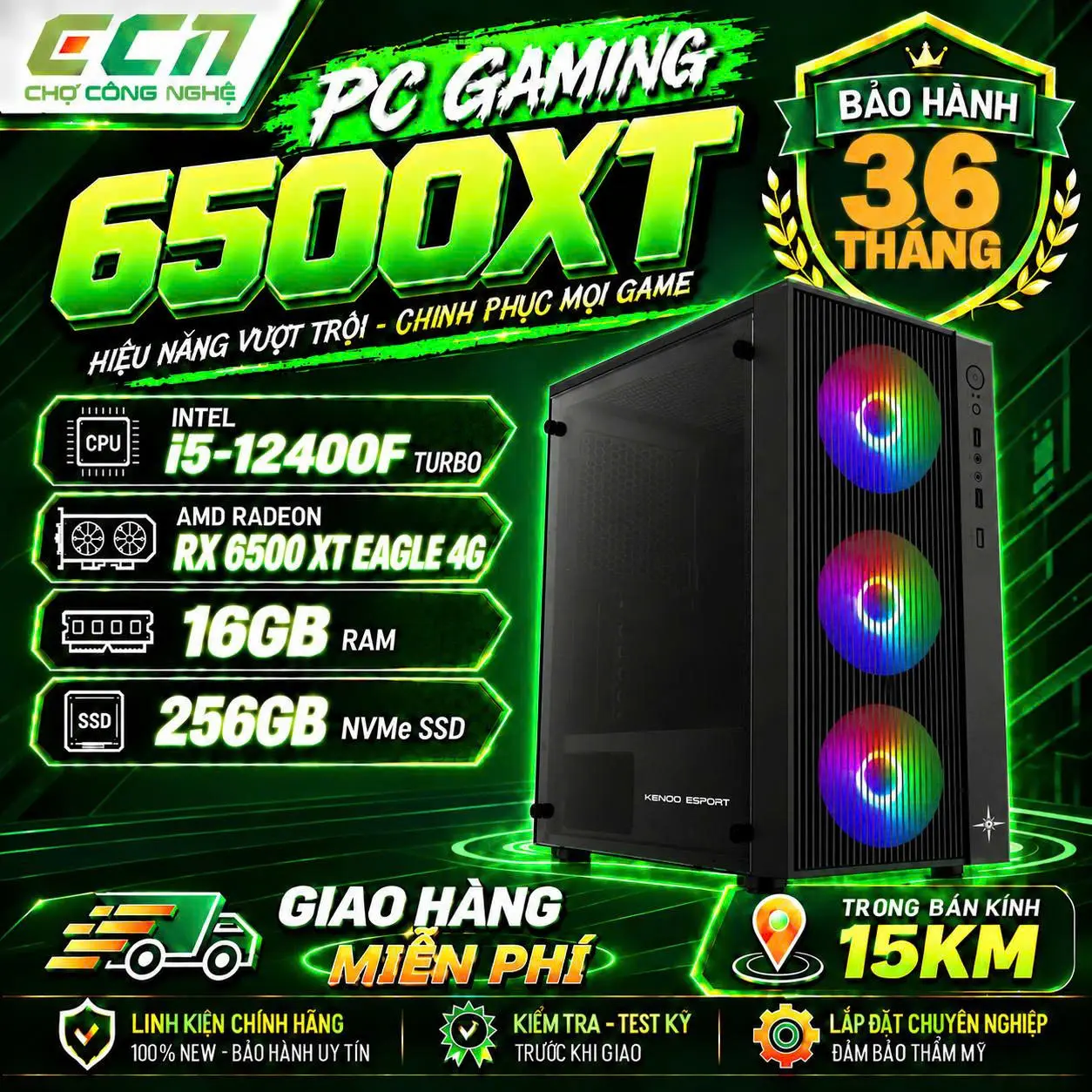 Bộ PC Gaming Intel Core i5-12400F, RAM 16GB, SSD 256GB, RX 6500 XT 4GB GDDR6