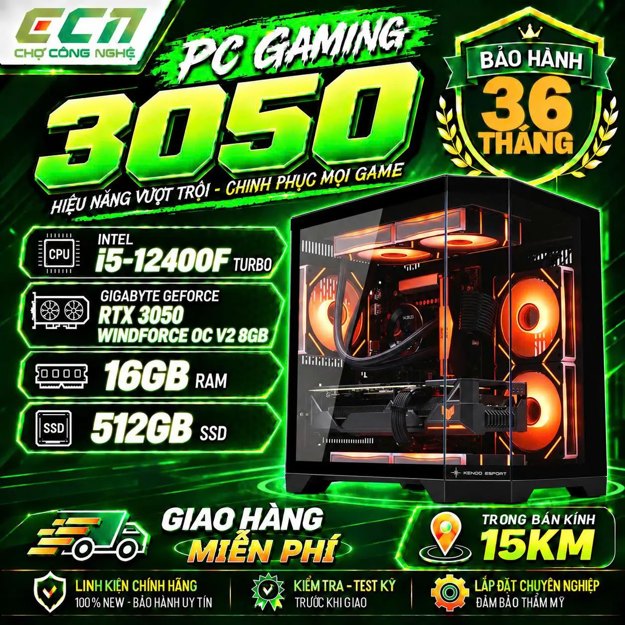 Bộ PC Gaming Intel Core i5-12400F, RAM 16GB, SSD 512GB, RTX 3050 8GB GDDR6