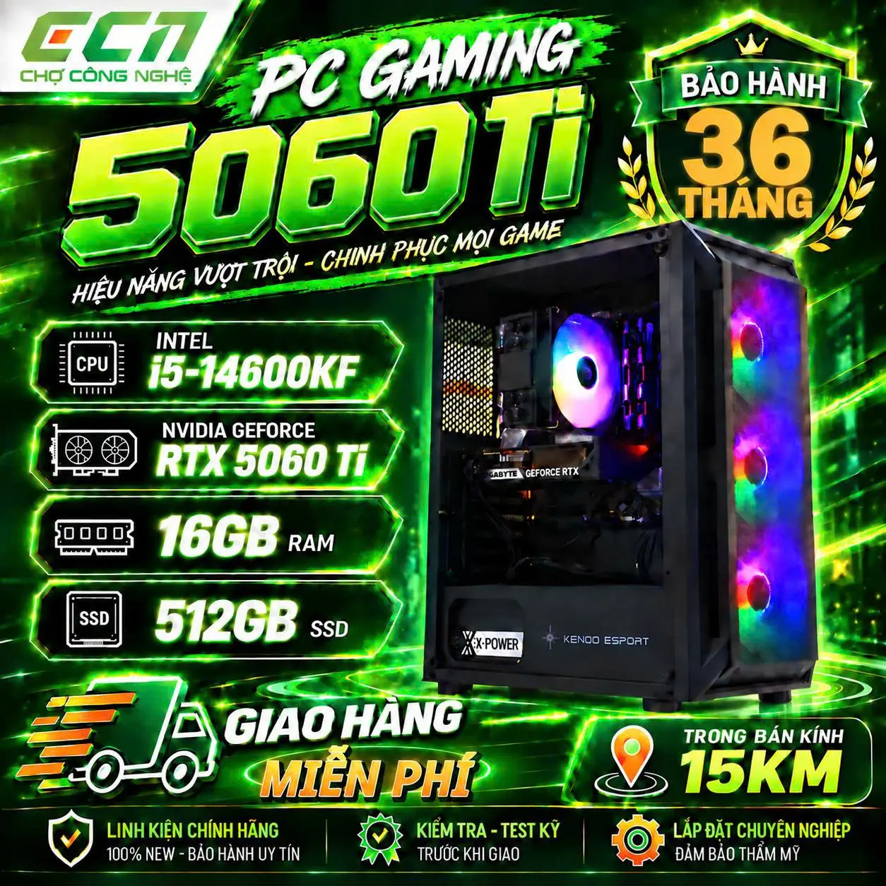 Bộ PC Gaming Intel Core i5-14600KF, RAM 16GB, RTX 5060 Ti 16GB GDDR7