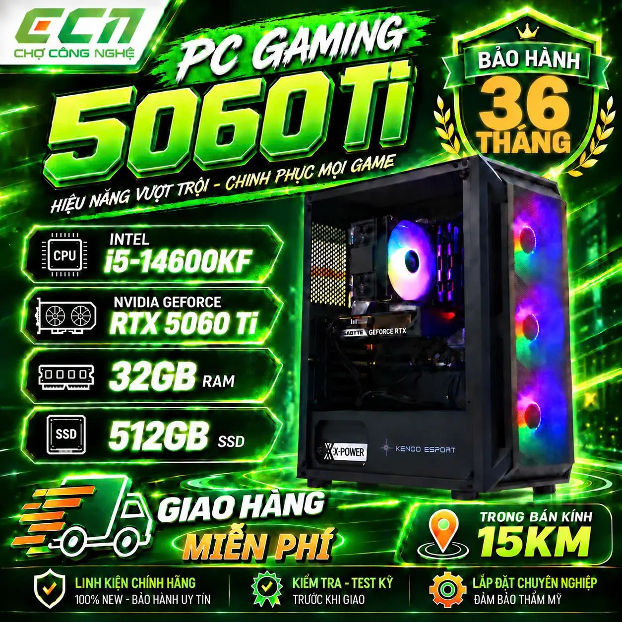 Bộ PC Gaming Intel Core i5-14600KF, RAM 32GB, RTX 5060 Ti 16GB GDDR7